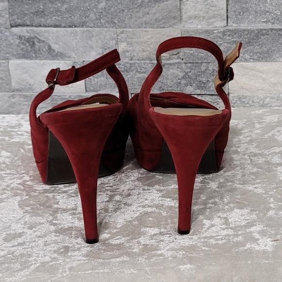 Stuart Weitzman Red Wine Velvet Peep Toe Sling Back Heel Sandals - Picture 4 of 9